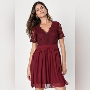 NWT Lulus Angel in Disguise Burgundy Lace Skater Dress